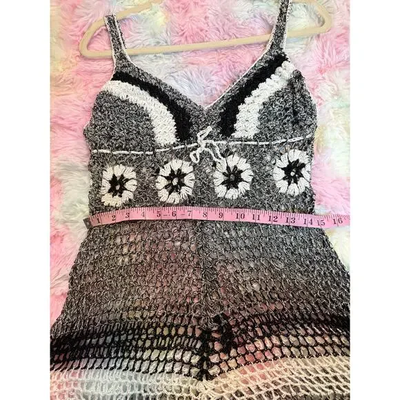 Hand Knit Crochet Mini Dress Tunic Black White S/M Stretchy - Picture 5 of 9